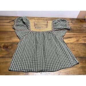 SISTER MARY Size Large Green Plaid Embroidered Puff Sleeve Tunic Blouse Top